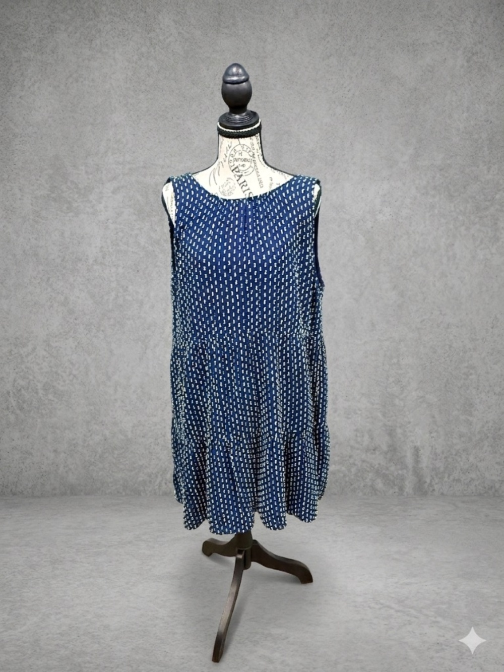 LOFT Navy Blue Textured Clip Dot Tiered Sleeveless Boho Dress Size XL